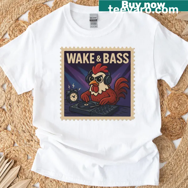 Bold typography 'Wake' graphic on bass music T-shirt