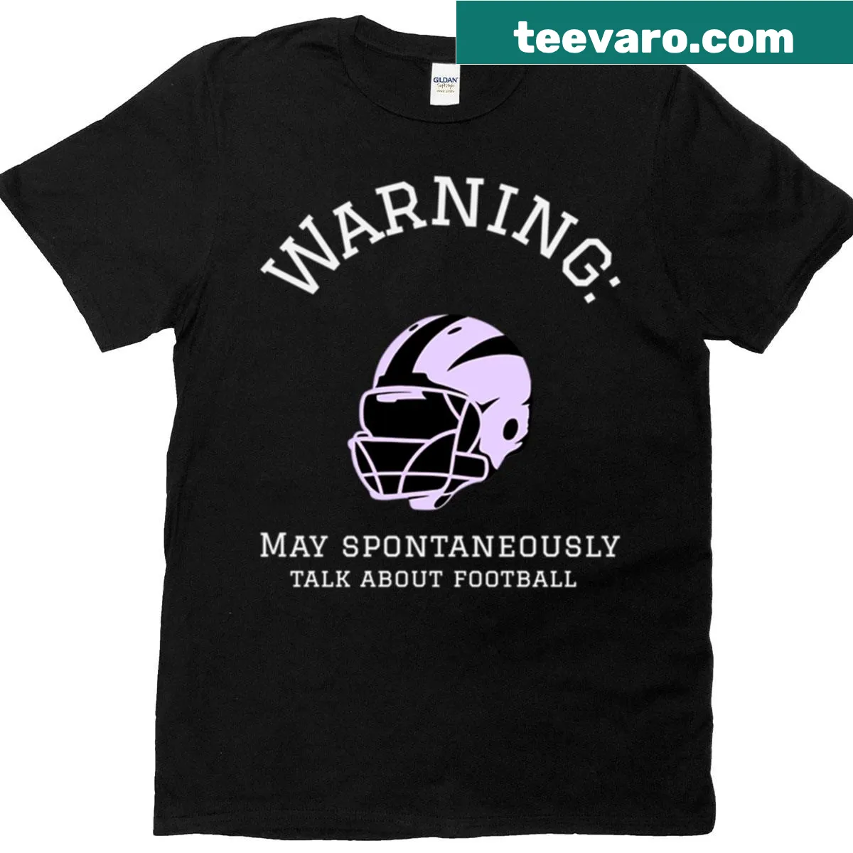 Funny football t-shirt with humorous warning text — on a men's t-shirt