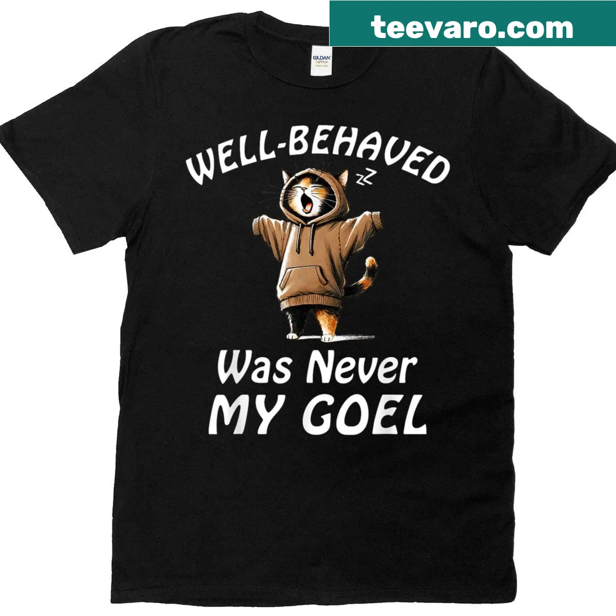 Sarcastic text about laziness with a cat theme on a T-shirt. — on a men's t-shirt
