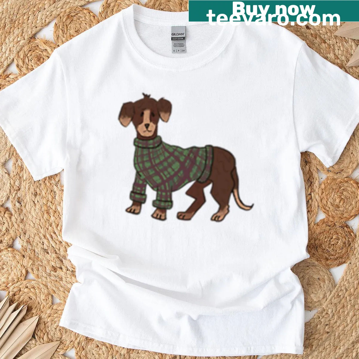 Cartoon T-shirt featuring a playful wiener dog graphic — on a men's t-shirt