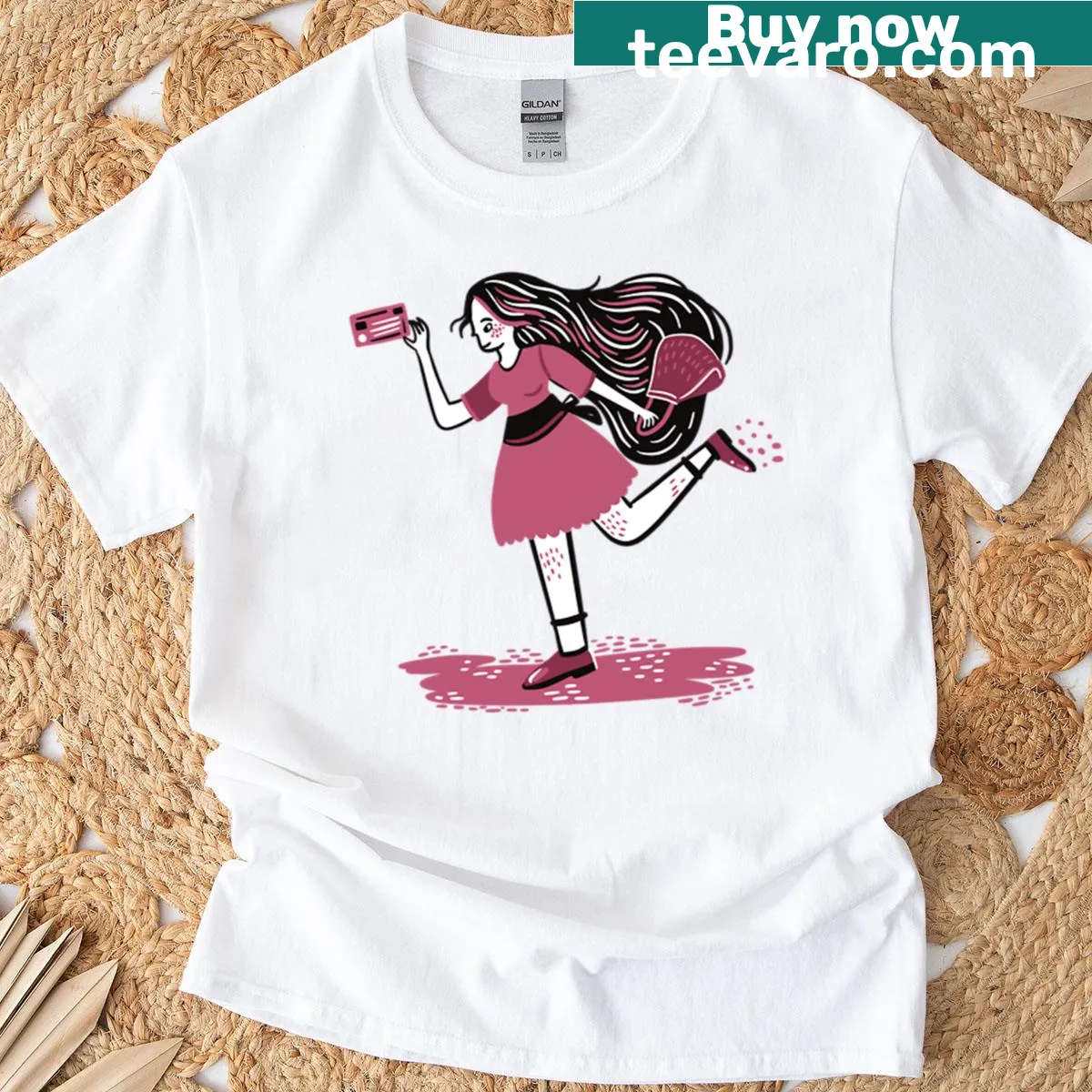 Playful illustration of a woman shopping on a T-shirt — on a men's t-shirt