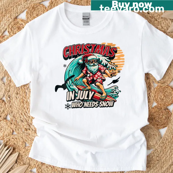 Surfing Santa T-shirt for Christmas in July