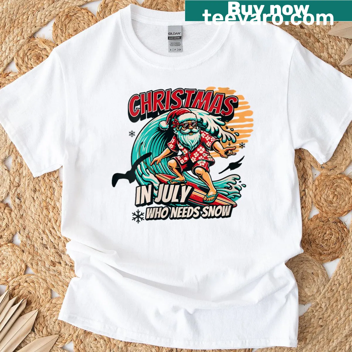 Surfing Santa T-shirt for Christmas in July — on a men's t-shirt