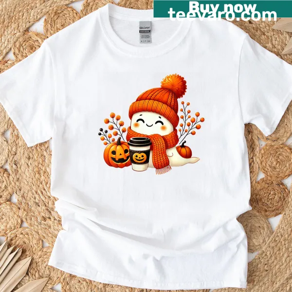 Cute ghost in a pumpkin spice cup illustration for kids' Halloween t-shirt