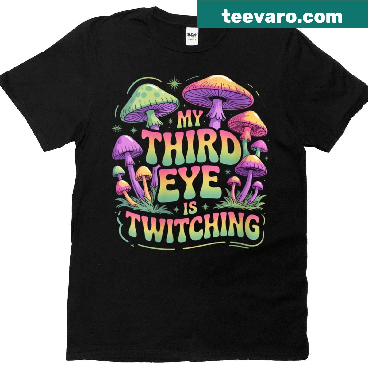 Psychedelic illustration featuring mushrooms on an EDM-themed t-shirt. — on a men's t-shirt