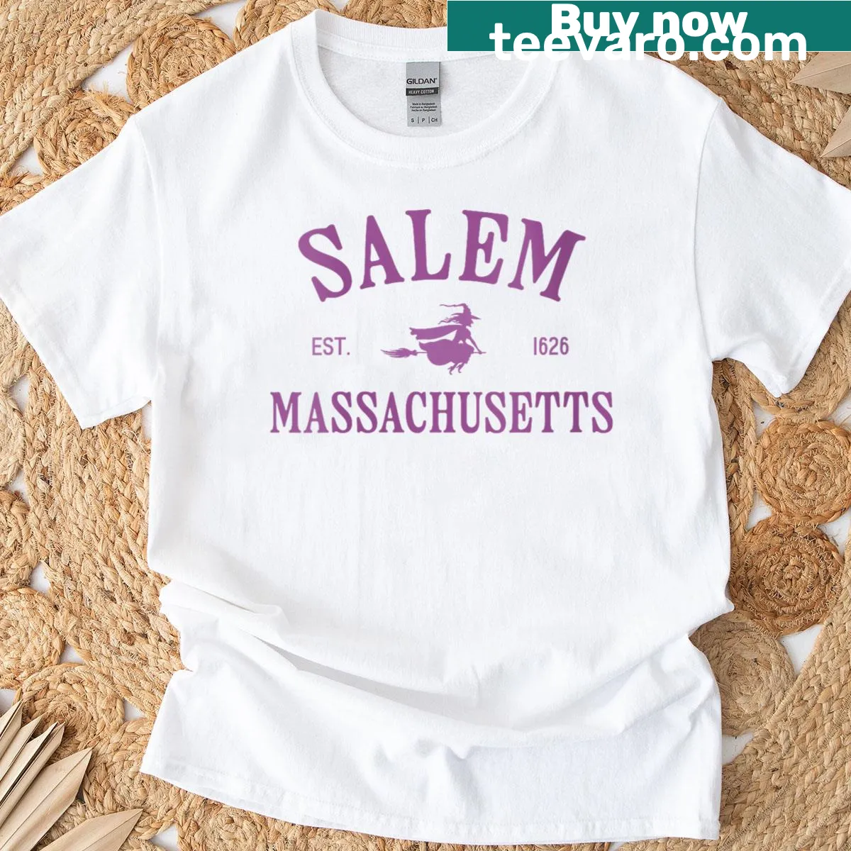T-shirt honoring Salem Massachusetts with witch graphics — on a men's t-shirt
