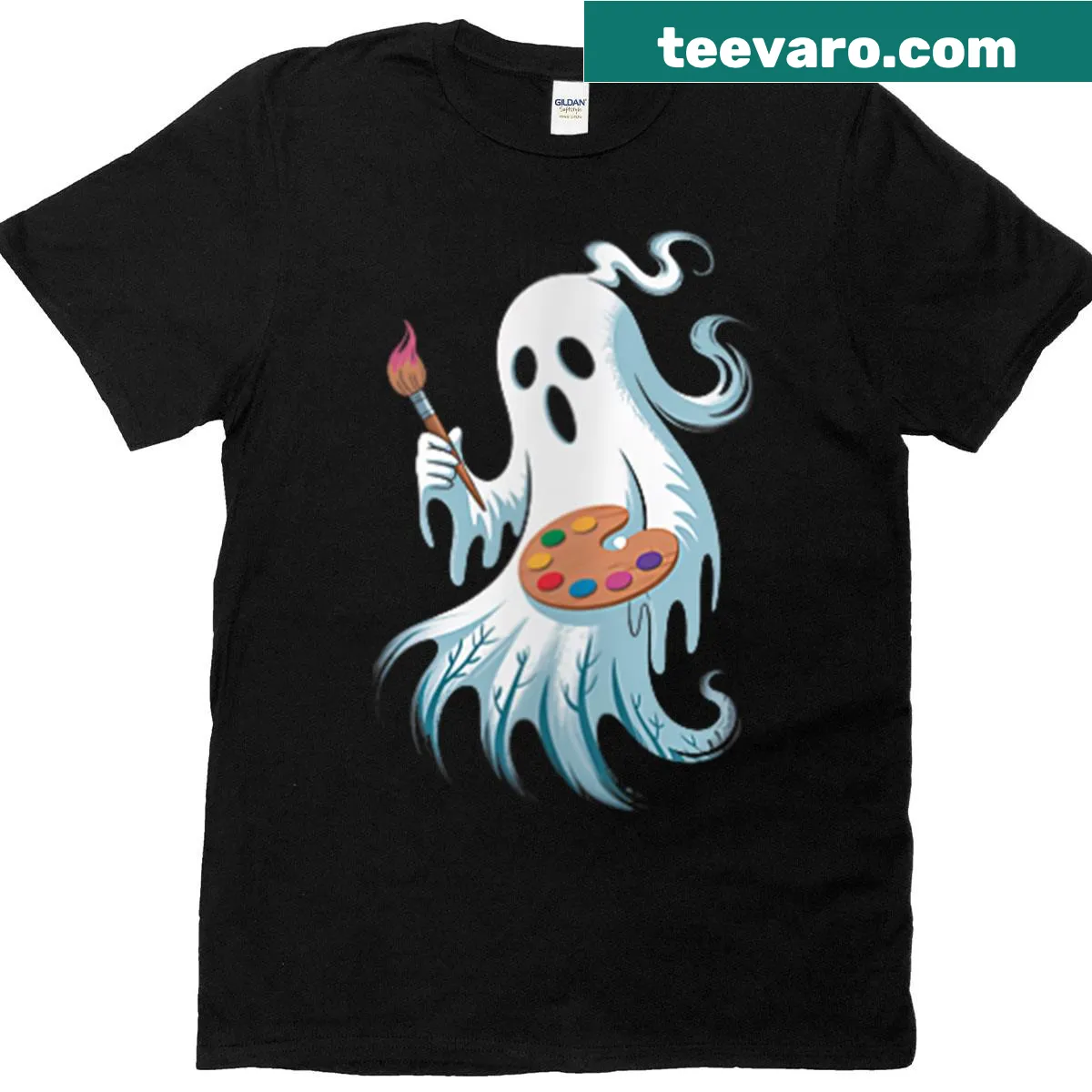 Cartoon ghost with paintbrush on a Halloween t-shirt. — on a men's t-shirt