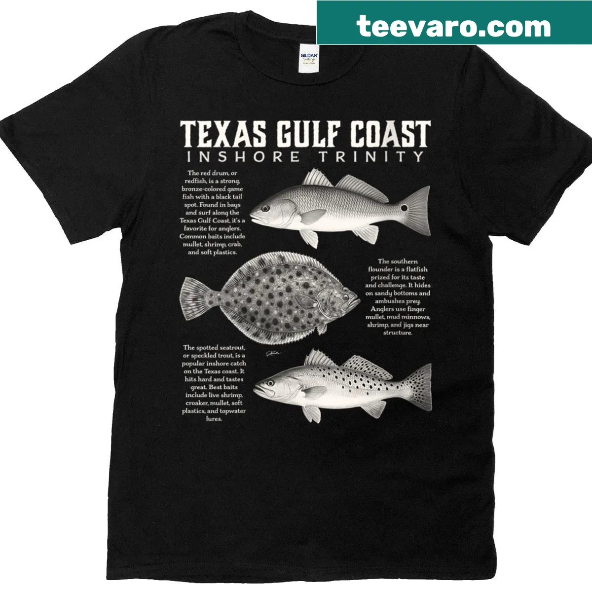 Illustrated fishing design representing the Texas Gulf Coast — on a men's t-shirt
