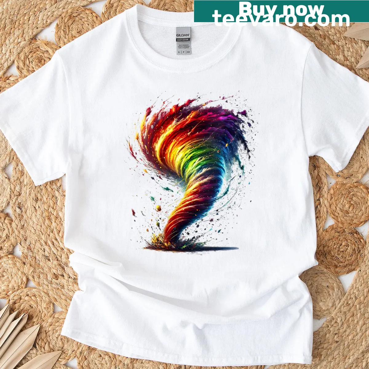 Abstract tornado graphic T-shirt in vibrant colors — on a men's t-shirt