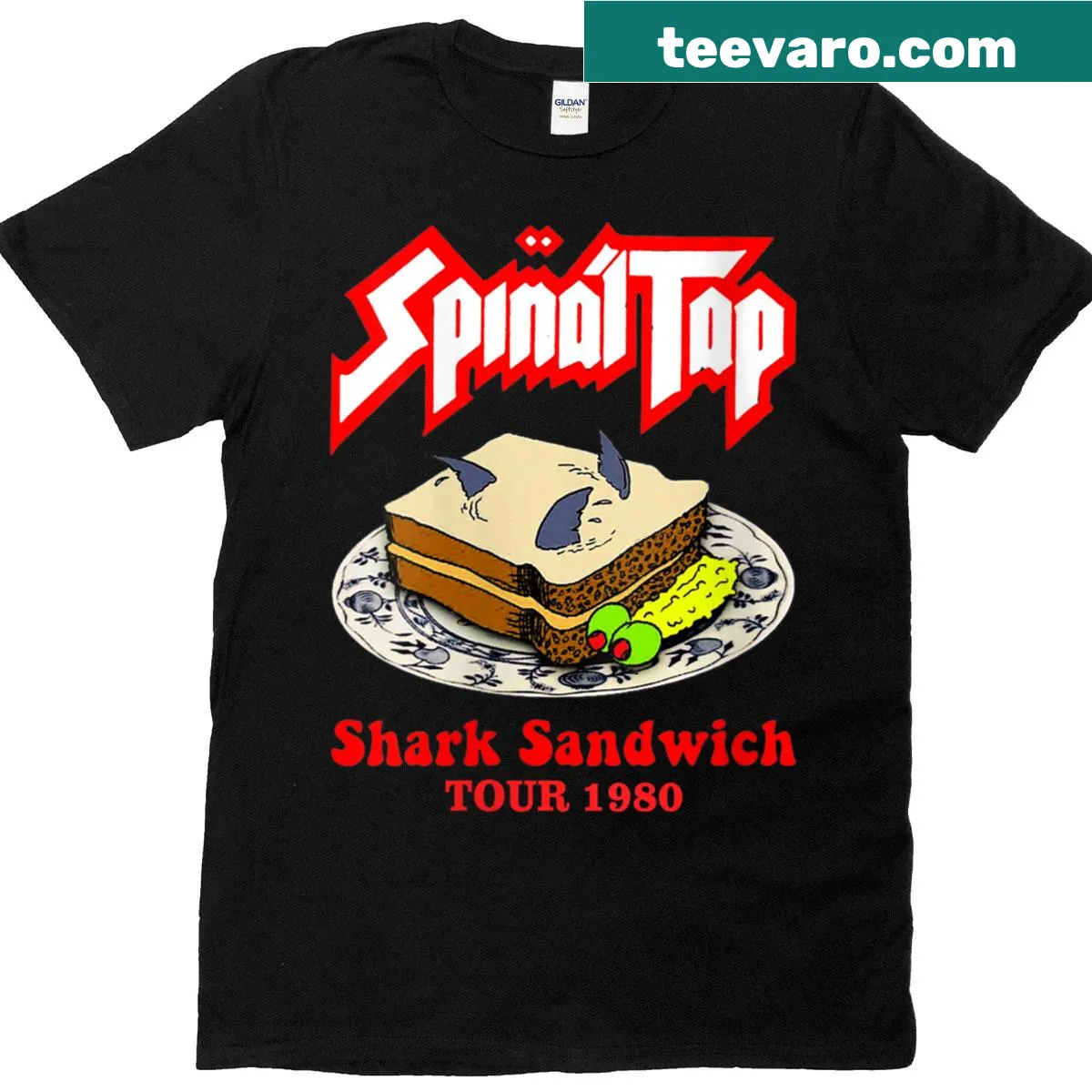 Vintage shark sandwich humor t-shirt with distressed design — on a men's t-shirt