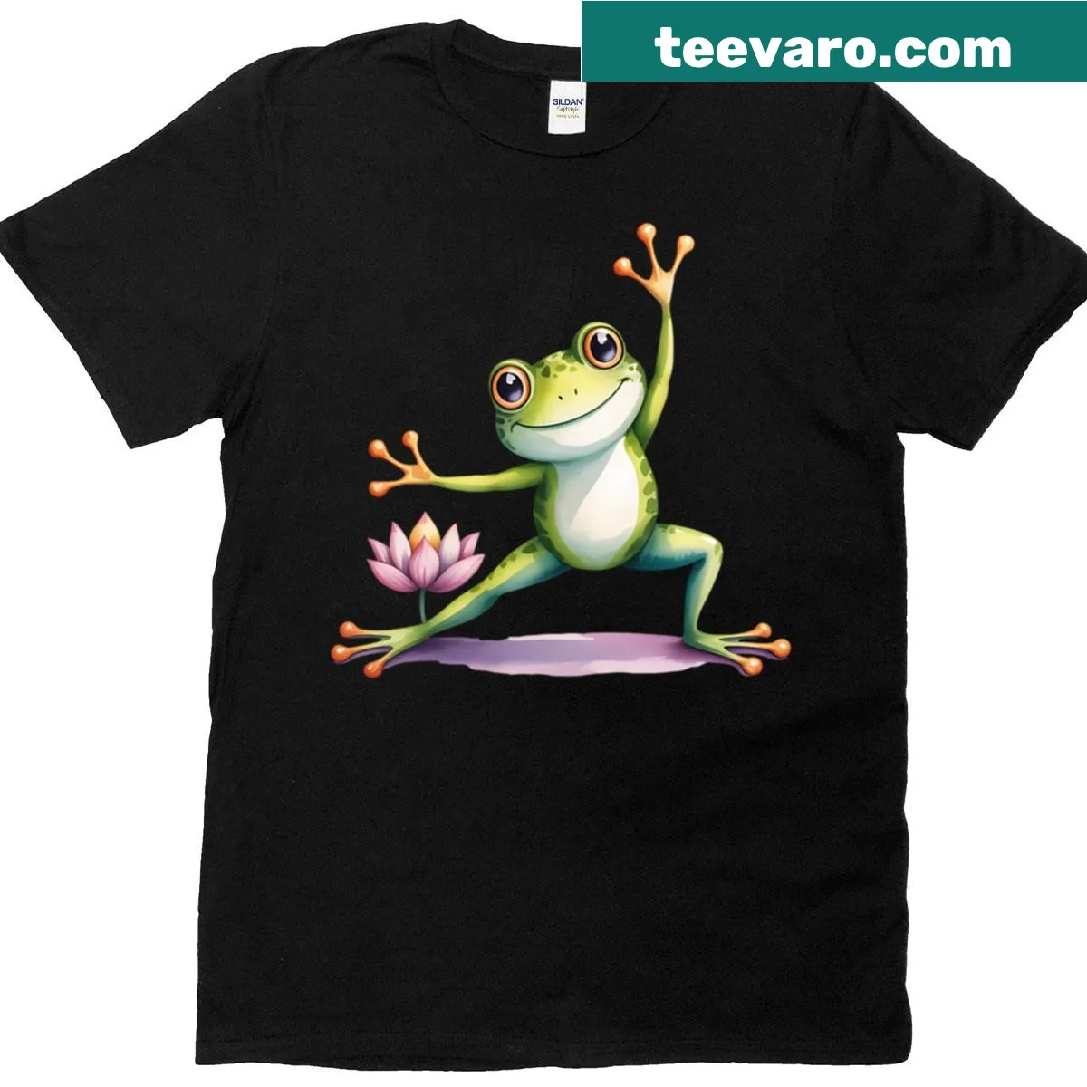 Watercolor design of a yoga frog with lotus flowers on a t-shirt — on a men's t-shirt
