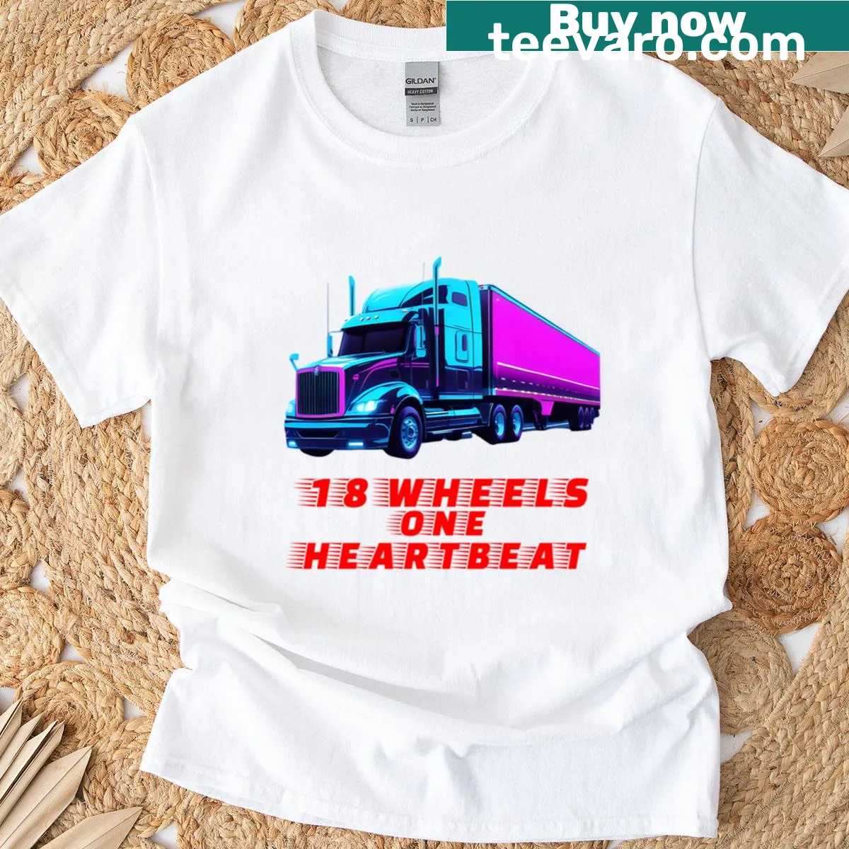 T-shirt with the phrase '18 Wheels 1 Heartbeat' honoring truckers — on a men's t-shirt