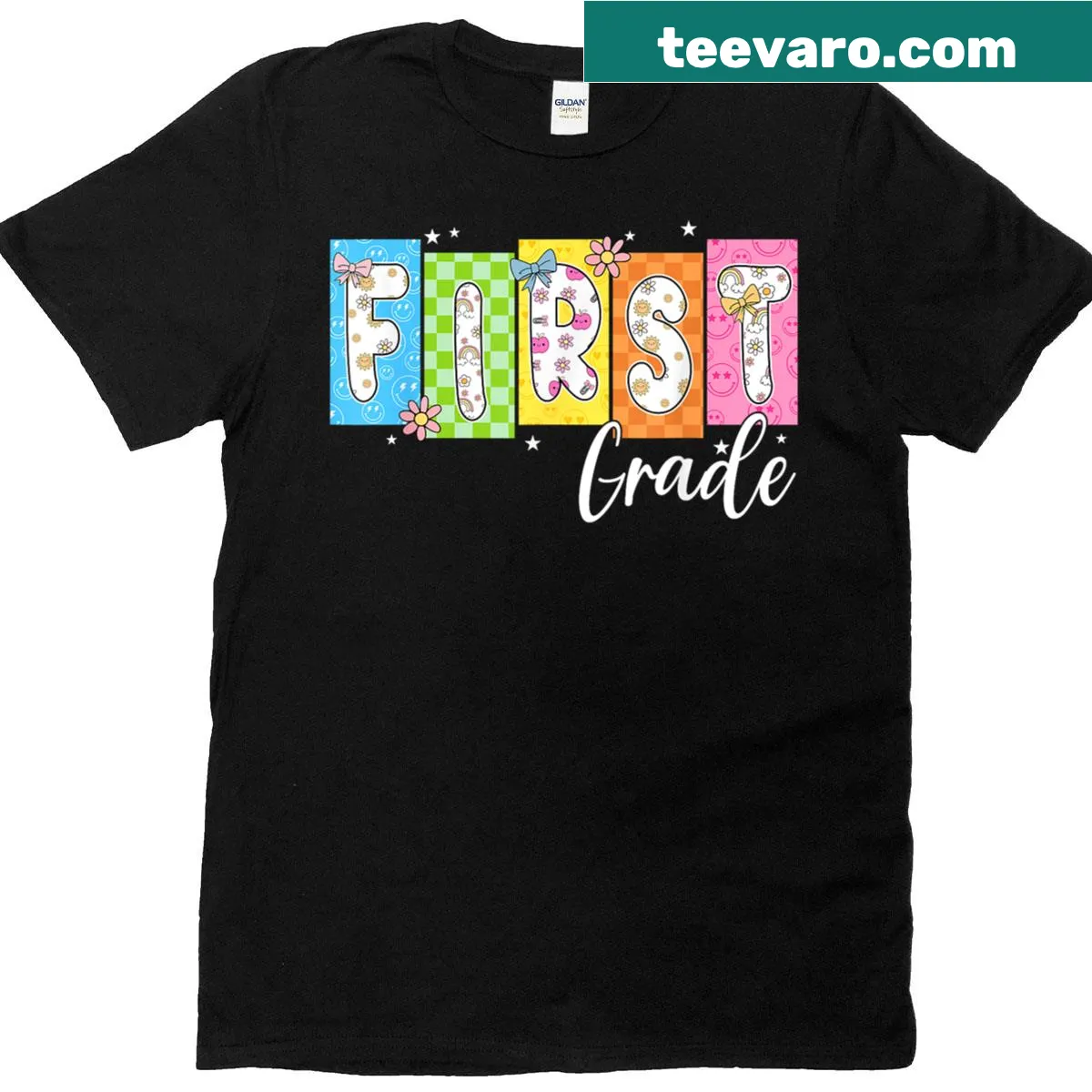 First Grade Back to School T-shirt with checkered design — on a men's t-shirt