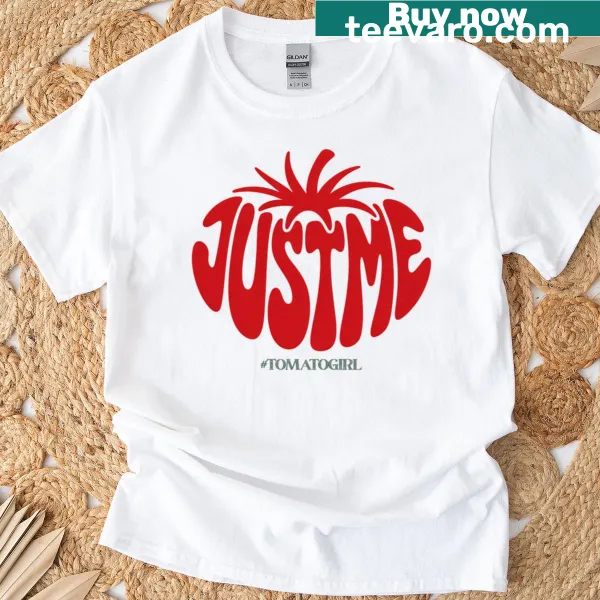Cartoon T-shirt featuring a smiling tomato with the text Just Me.