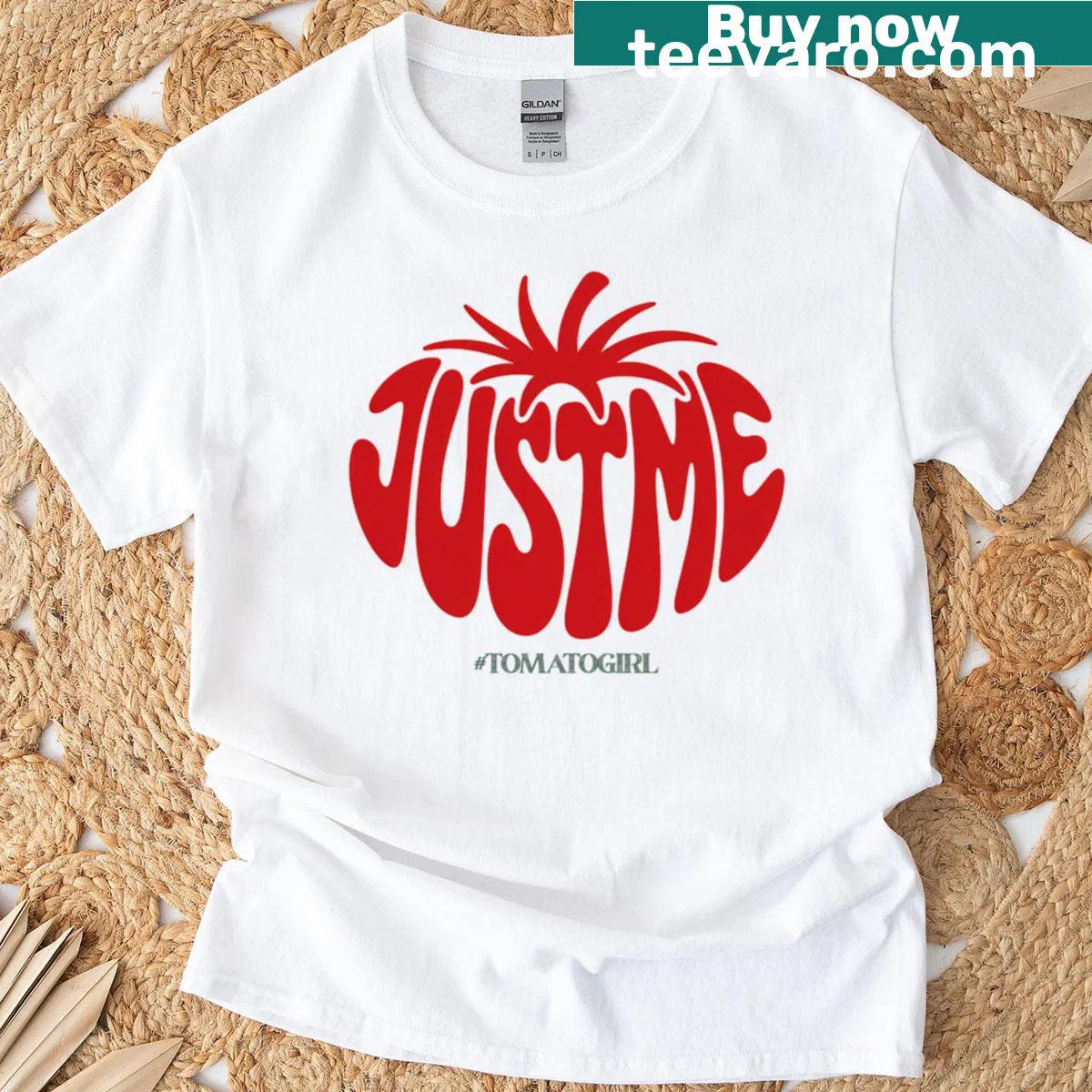 Cartoon T-shirt featuring a smiling tomato with the text Just Me. — on a men's t-shirt