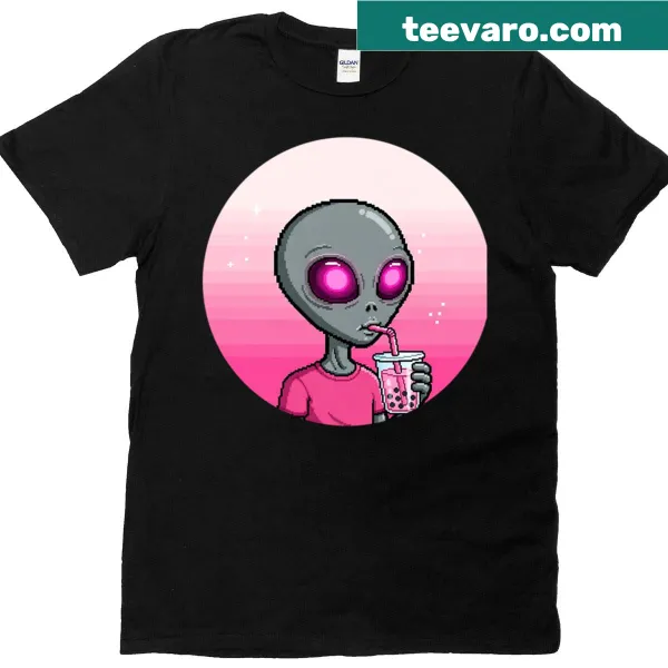 Pixel art T-shirt featuring an alien drinking boba tea