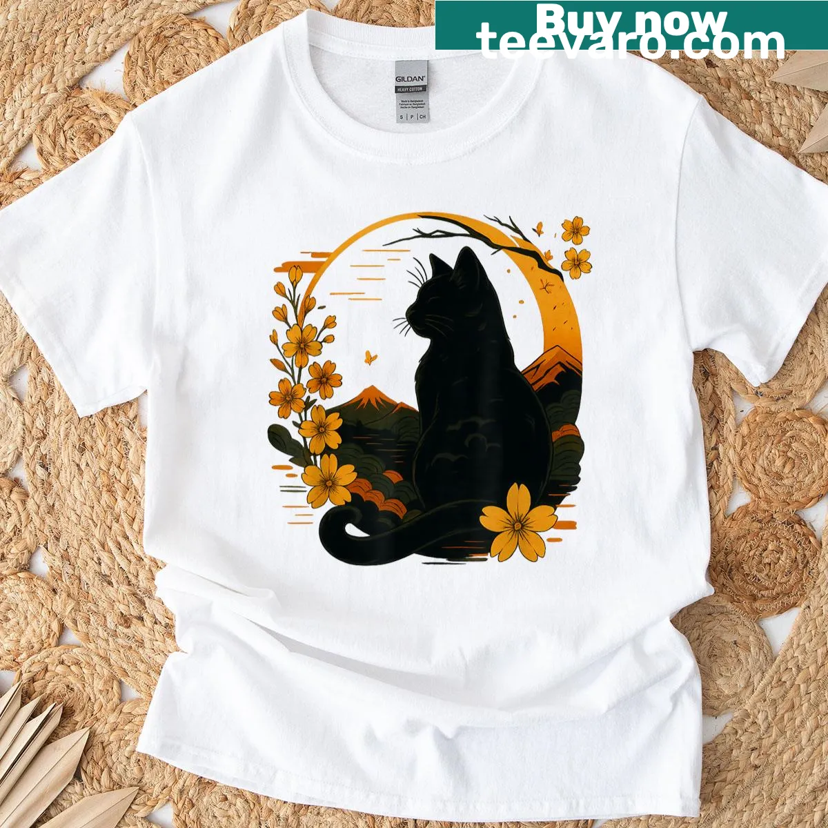 Kawaii black cat anime graphic t-shirt — on a men's t-shirt