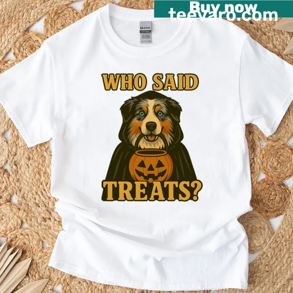 Cartoon design featuring an Australian Shepherd in a witch costume for Halloween