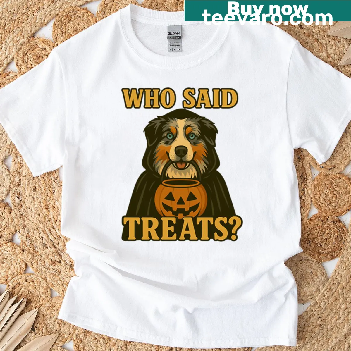 Cartoon design featuring an Australian Shepherd in a witch costume for Halloween — on a men's t-shirt