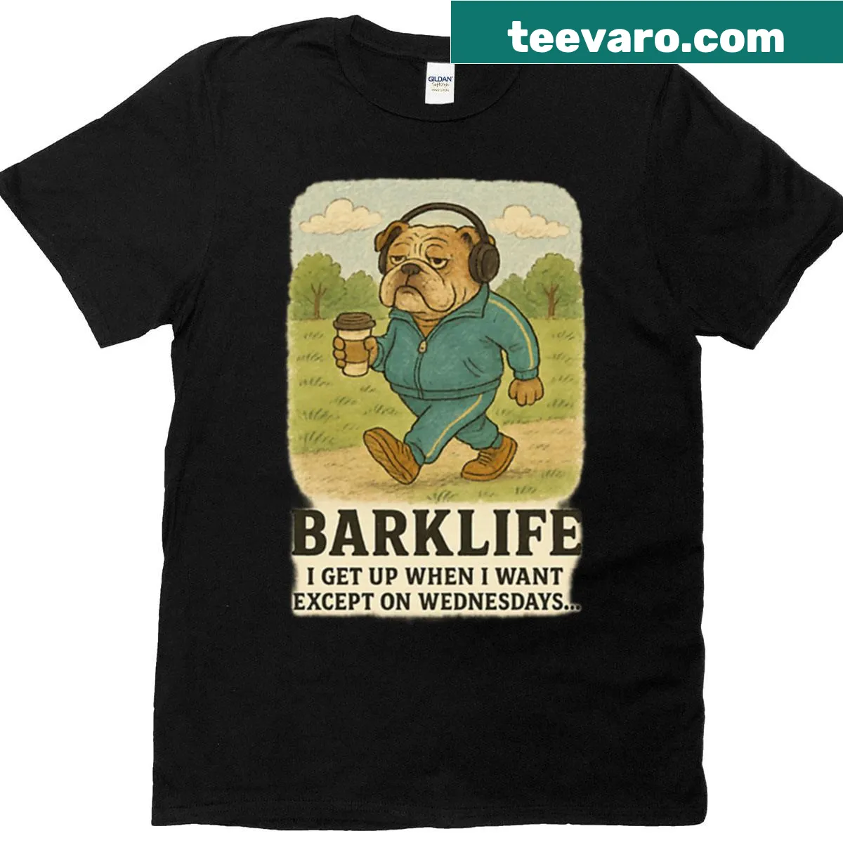 Cartoon lazy bulldog in a tracksuit on a T-shirt — on a men's t-shirt