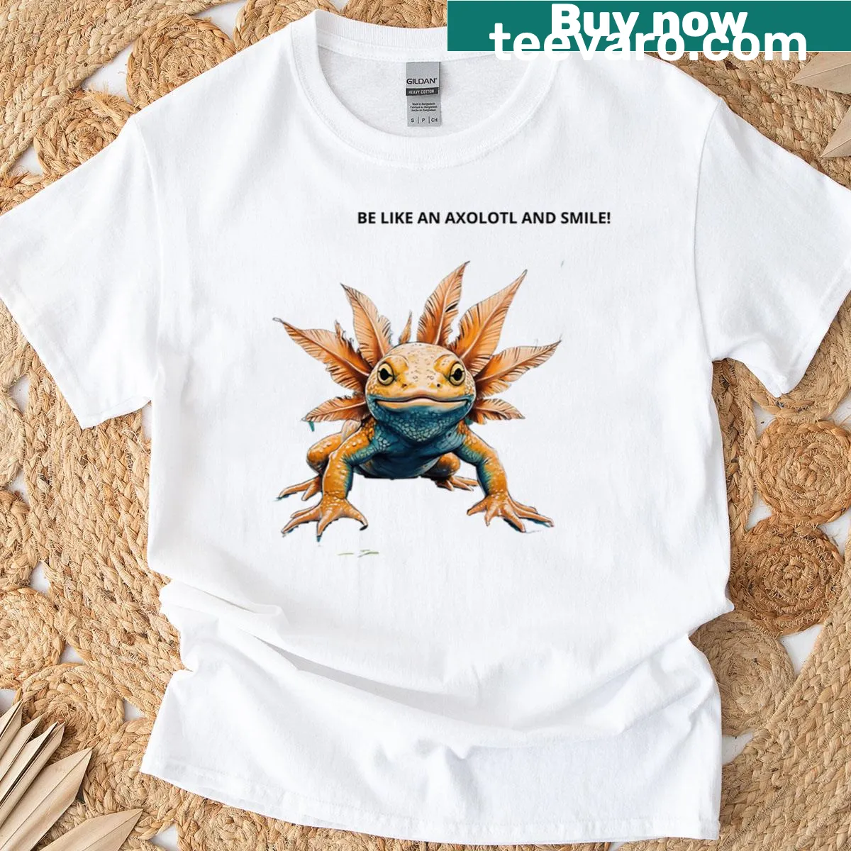 Oversized T-shirt with an illustration of an axolotl promoting smiles — on a men's t-shirt