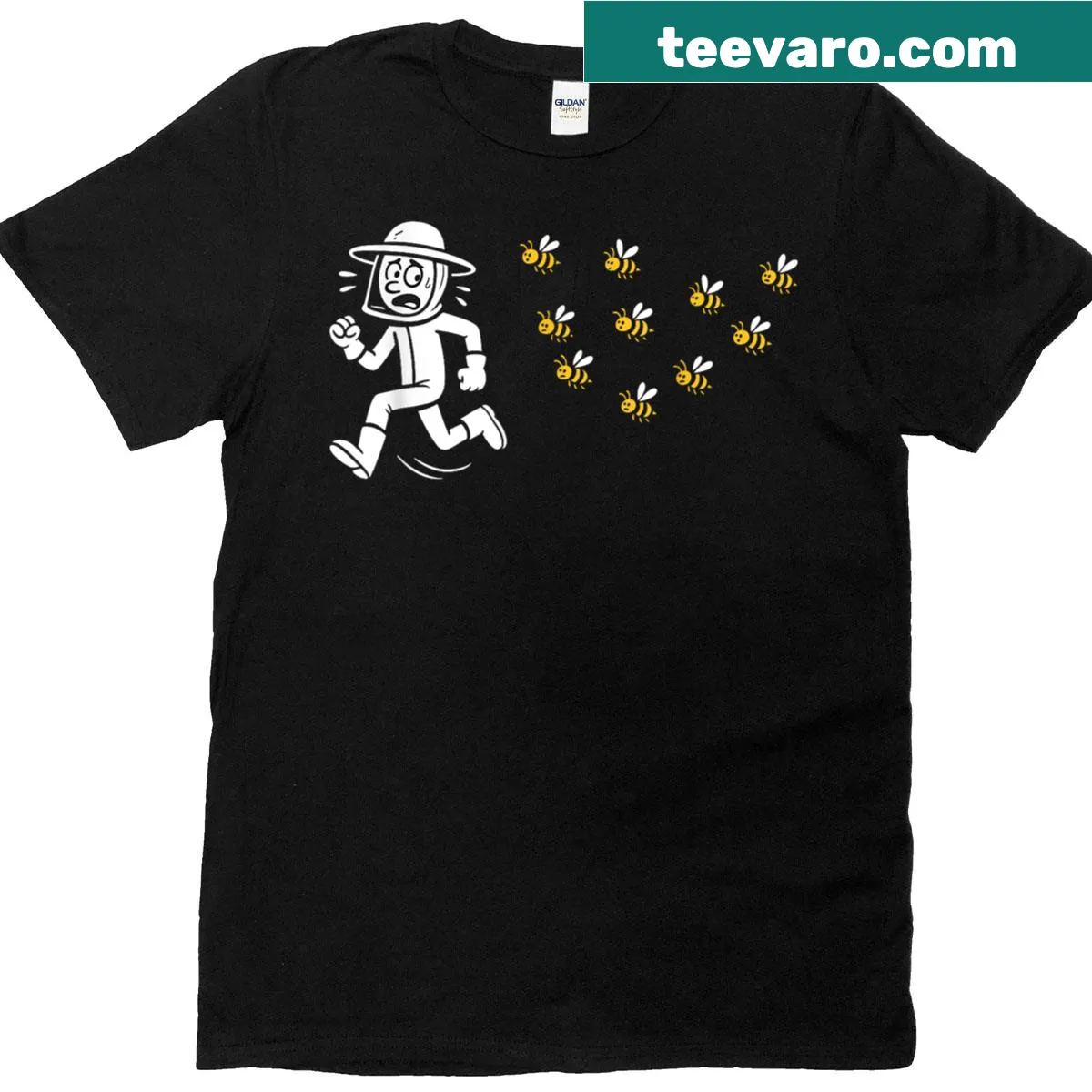 Funny T-shirt depicting a beekeeper being chased by bees — on a men's t-shirt