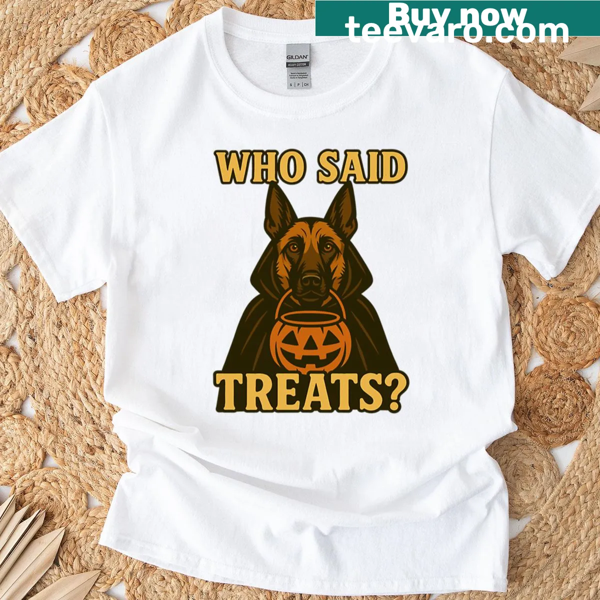 Oversized T-shirt featuring a Belgian Malinois in a pumpkin witch costume — on a men's t-shirt