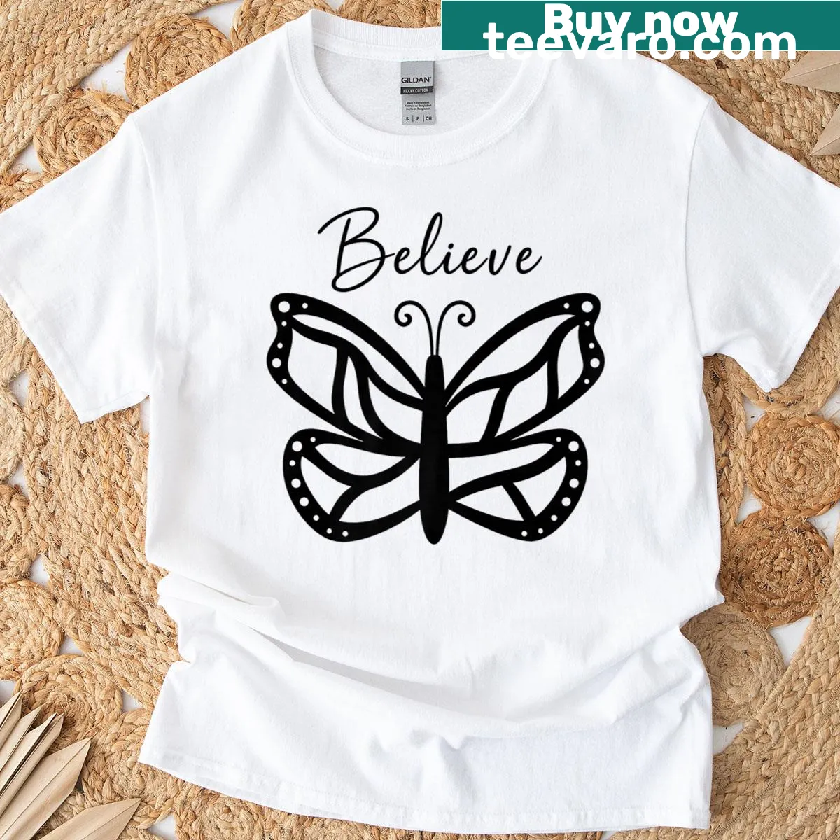 Inspiring Believe Butterfly T-shirt with intricate faith-themed illustration — on a men's t-shirt