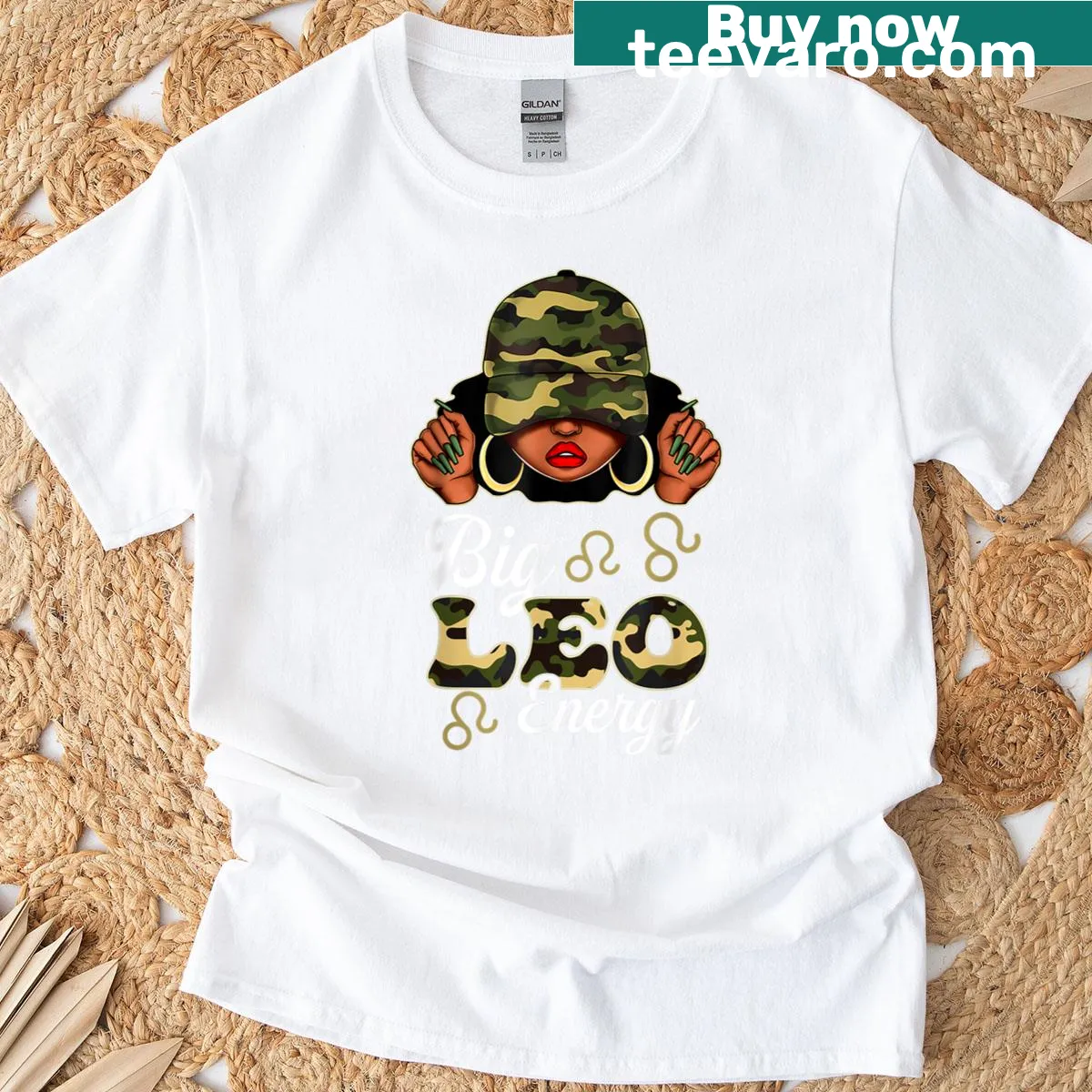Camouflage astrology design featuring a black woman with Leo sign — on a men's t-shirt