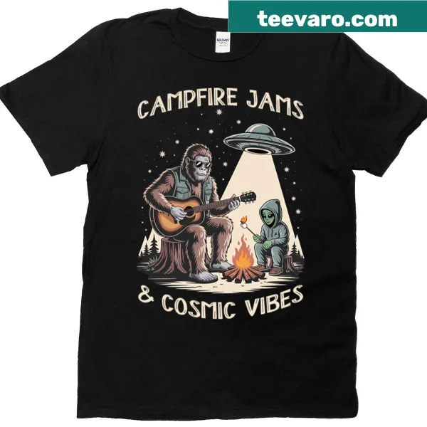 Playful T-shirt featuring Bigfoot and aliens around a campfire