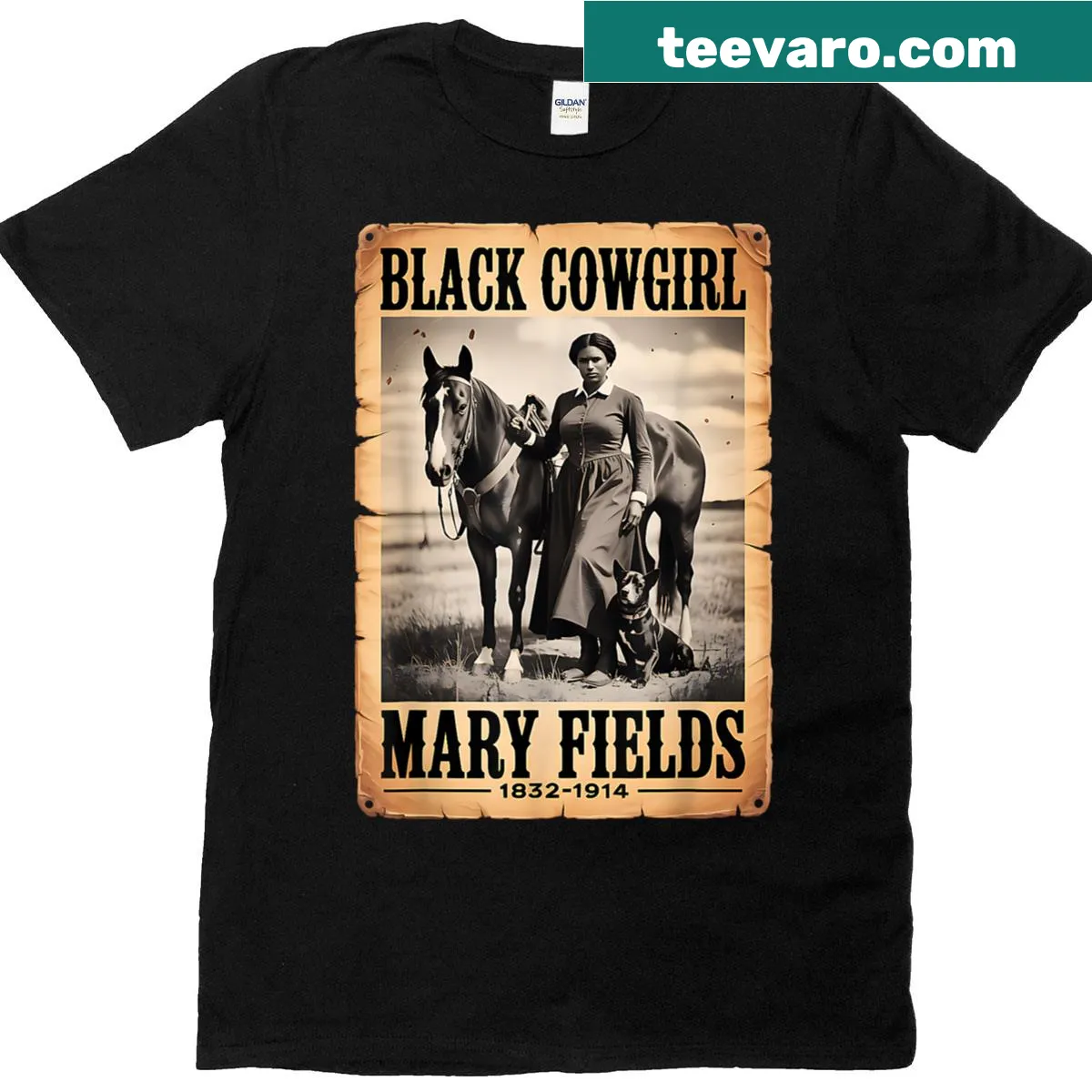 Illustrative cowgirl tribute graphic honoring Mary Fields on T-shirt — on a men's t-shirt