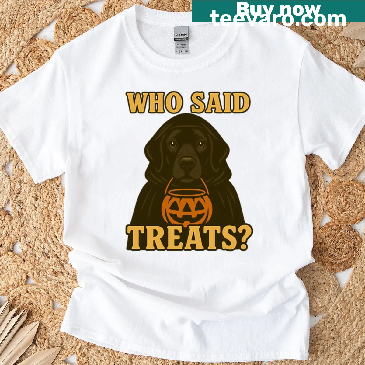 Halloween-themed Black Labrador T-shirt featuring pumpkin witch costume design — on a men's t-shirt