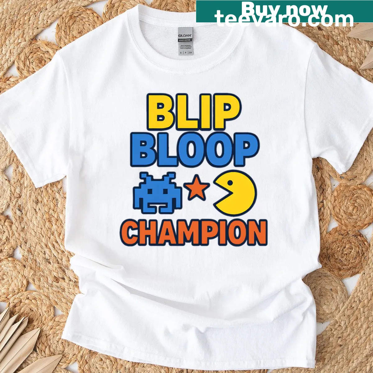 Retro graphic tee with gaming-themed text — on a men's t-shirt