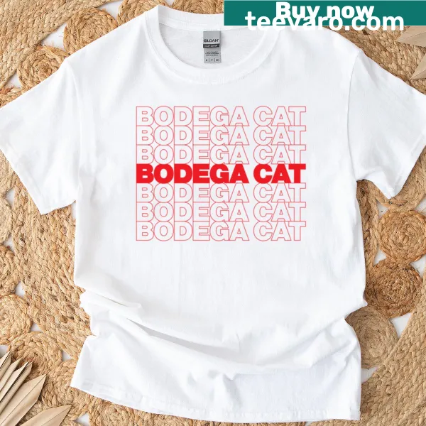 T-shirt featuring an illustration of a bodega cat