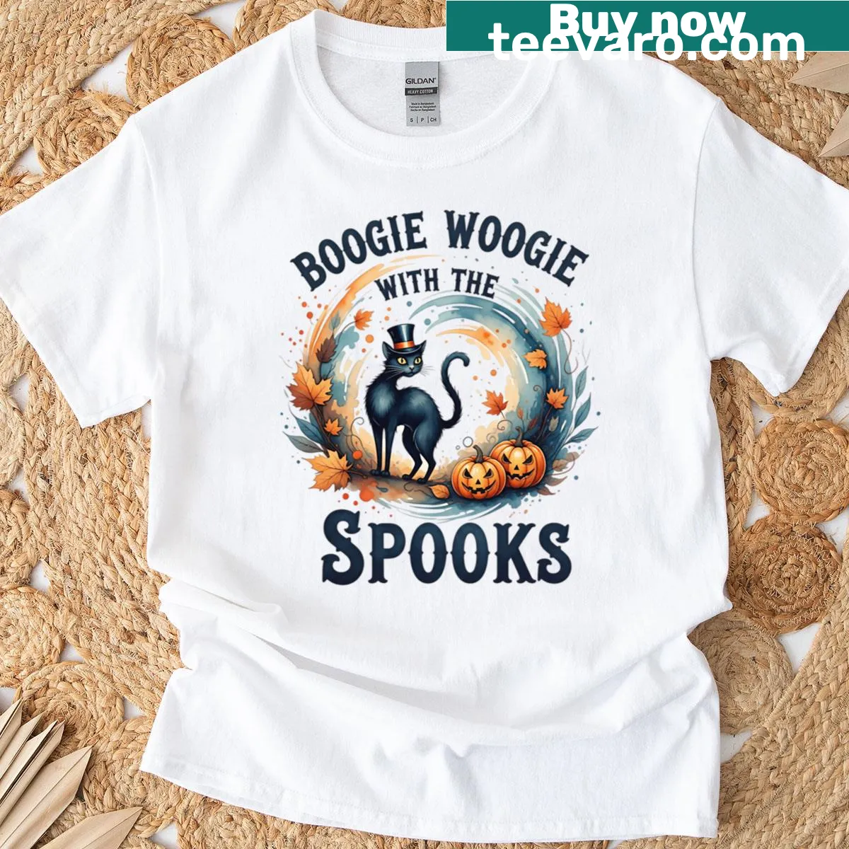 Retro Halloween-themed oversized T-shirt with black cat design — on a men's t-shirt