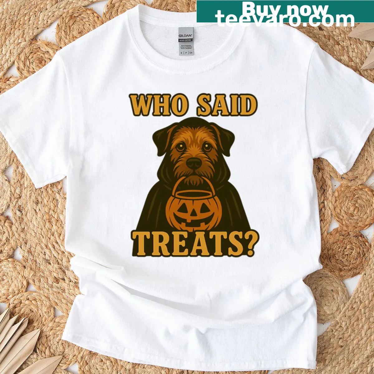 Cute Halloween t-shirt with a Border Terrier in a witch costume surrounded by pumpkins. — on a men's t-shirt