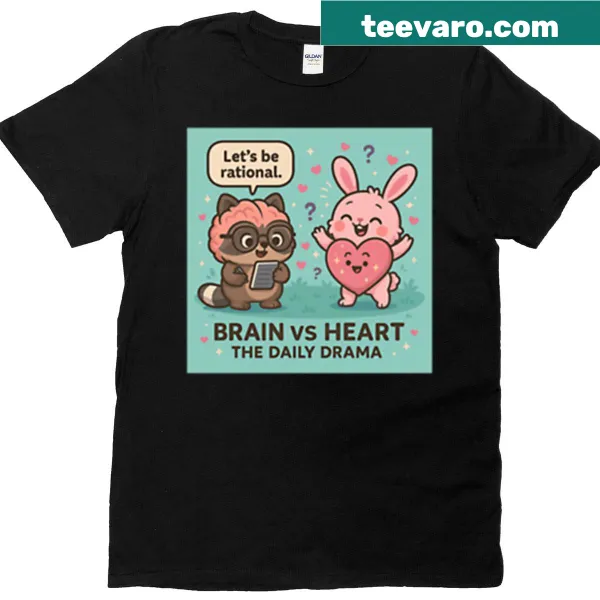 Kawaii-style shirt with brain and heart graphic in playful conflict.