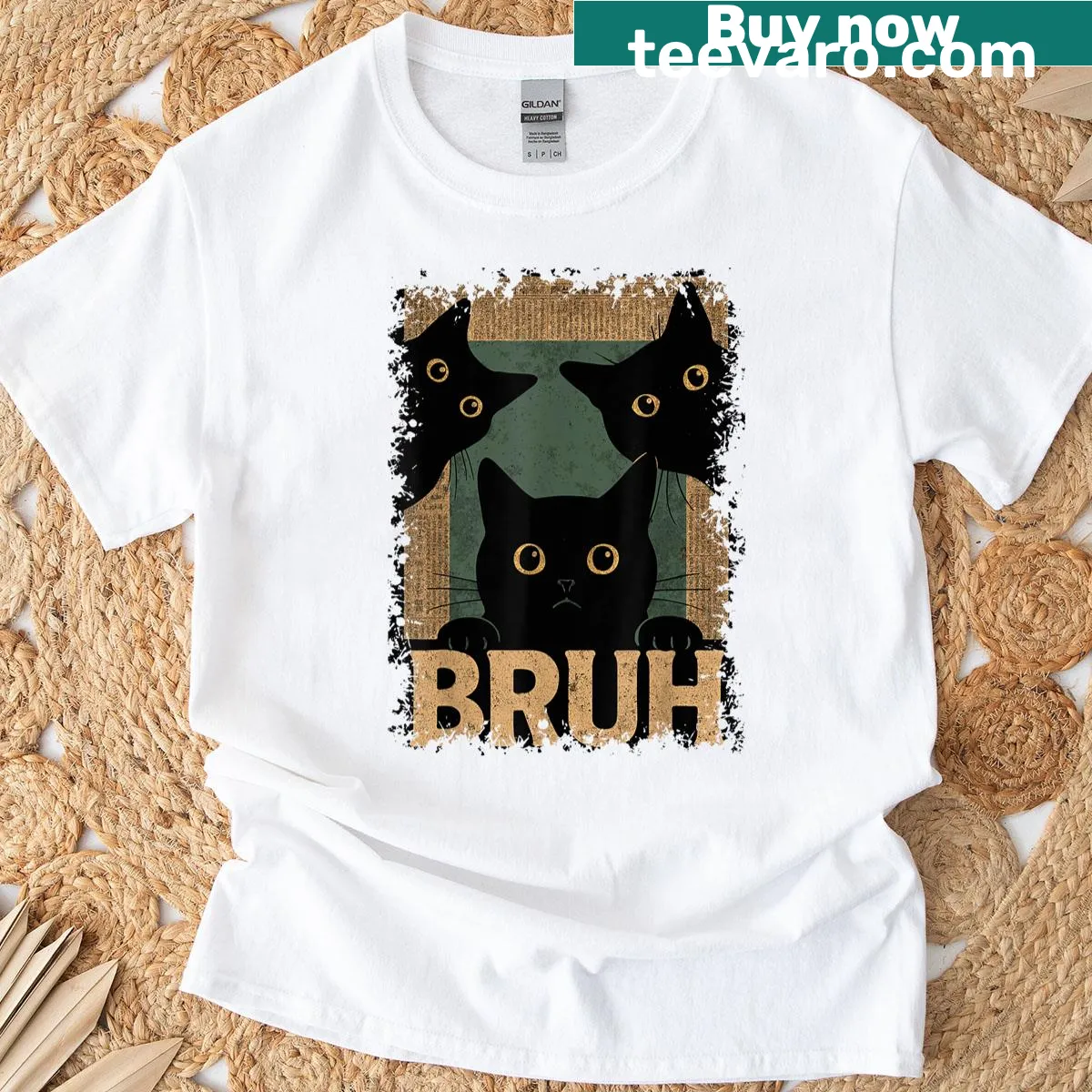 T-shirt featuring a funny cat meme graphic — on a men's t-shirt