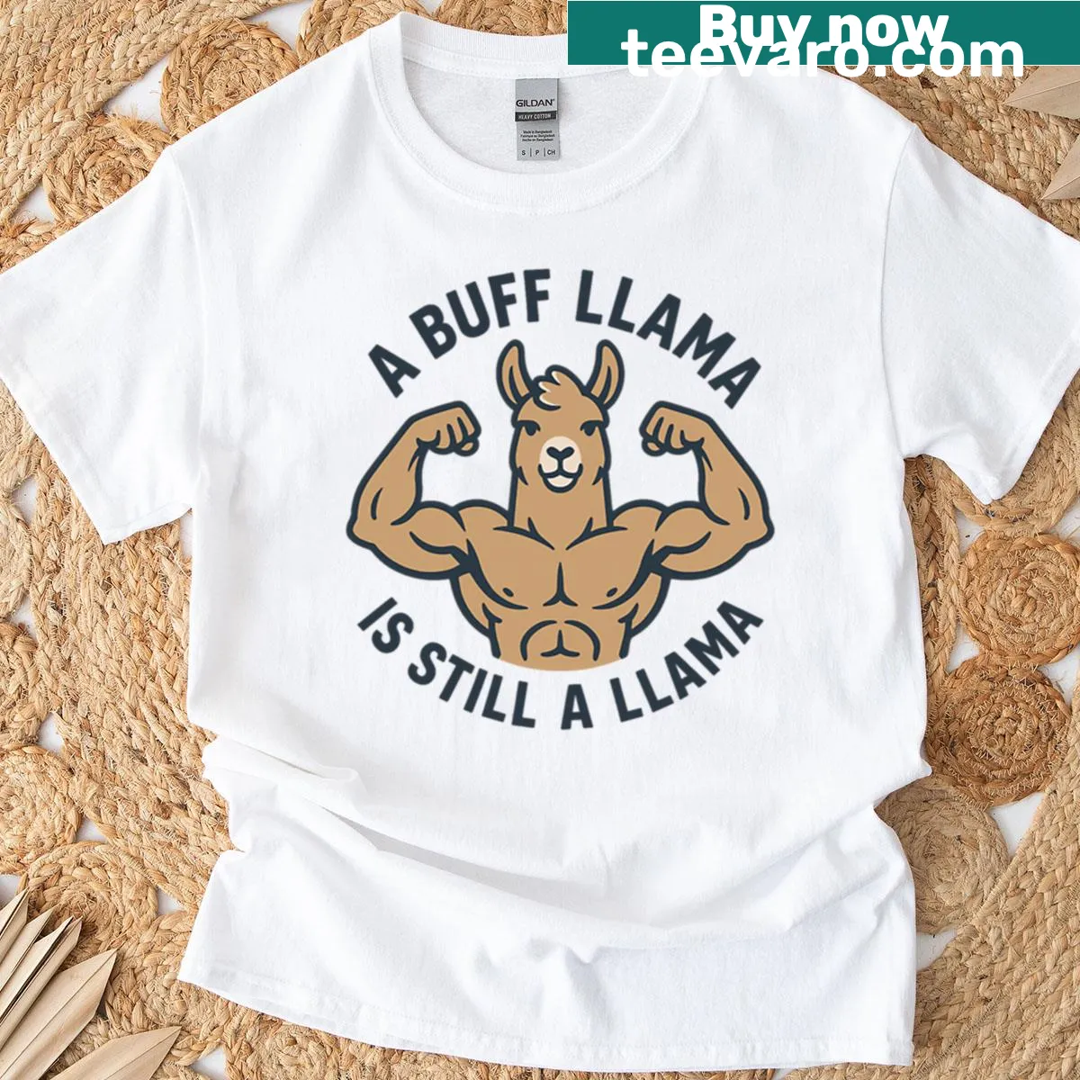 T-shirt featuring a humorous illustration of a buff llama — on a men's t-shirt