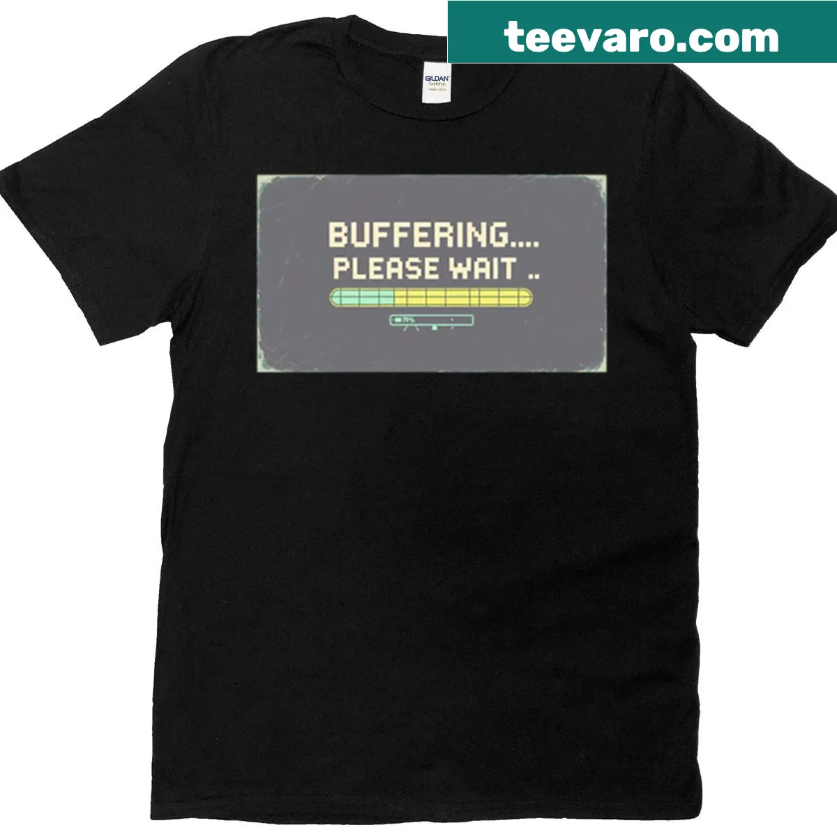 Retro t-shirt with 'Buffering Please Wait' and static design. — on a men's t-shirt