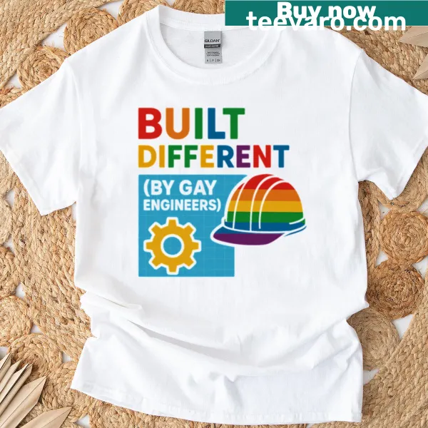 Pride-themed T-shirt for gay engineers with 'Built Different' slogan.