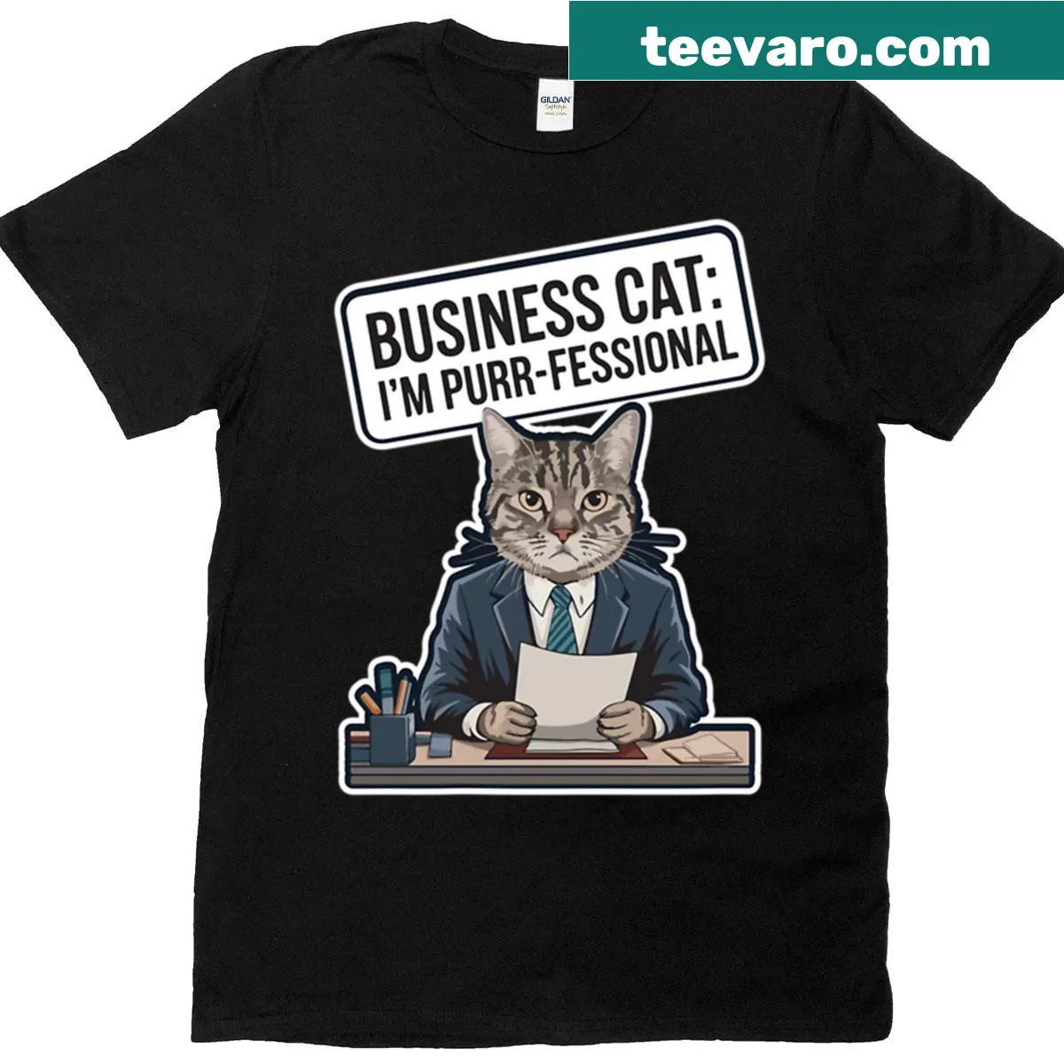 T-shirt featuring a cartoon cat in business attire with humorous caption — on a men's t-shirt