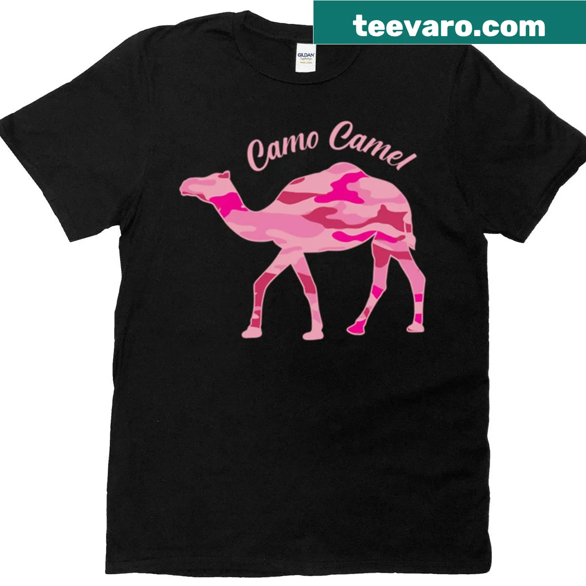 Illustrated camel in camouflage pattern on a t-shirt — on a men's t-shirt
