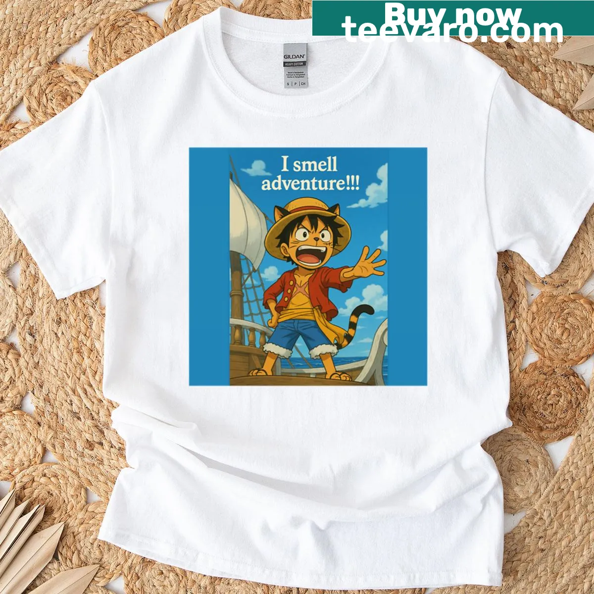 Cartoon pirate cat t-shirt featuring Captain Meowky D Luffy design. — on a men's t-shirt