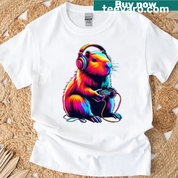 Funny gaming t-shirt featuring a capybara in gaming scenarios.