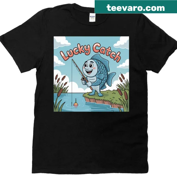 Cartoon of a fish catching another fish on a T-shirt