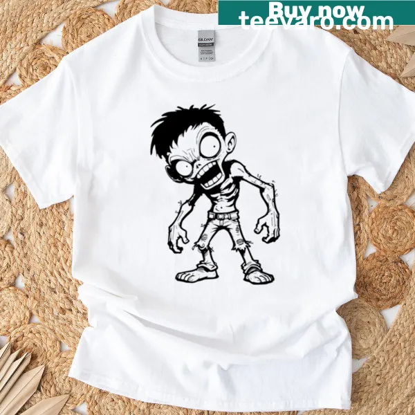 Cartoon zombie graphic on oversized t-shirt, humorous design