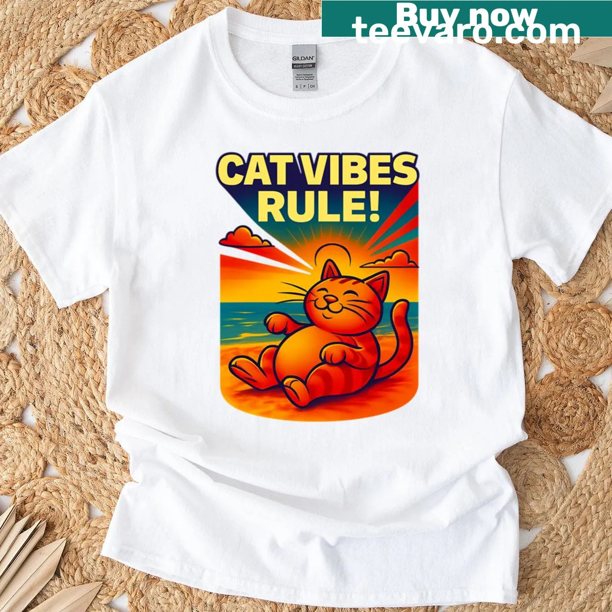 Pop art T-shirt with Cat Vibes Rule text and graphics — on a men's t-shirt