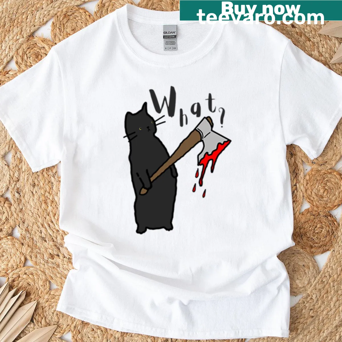 Cute black cat T-shirt with humorous text — on a men's t-shirt