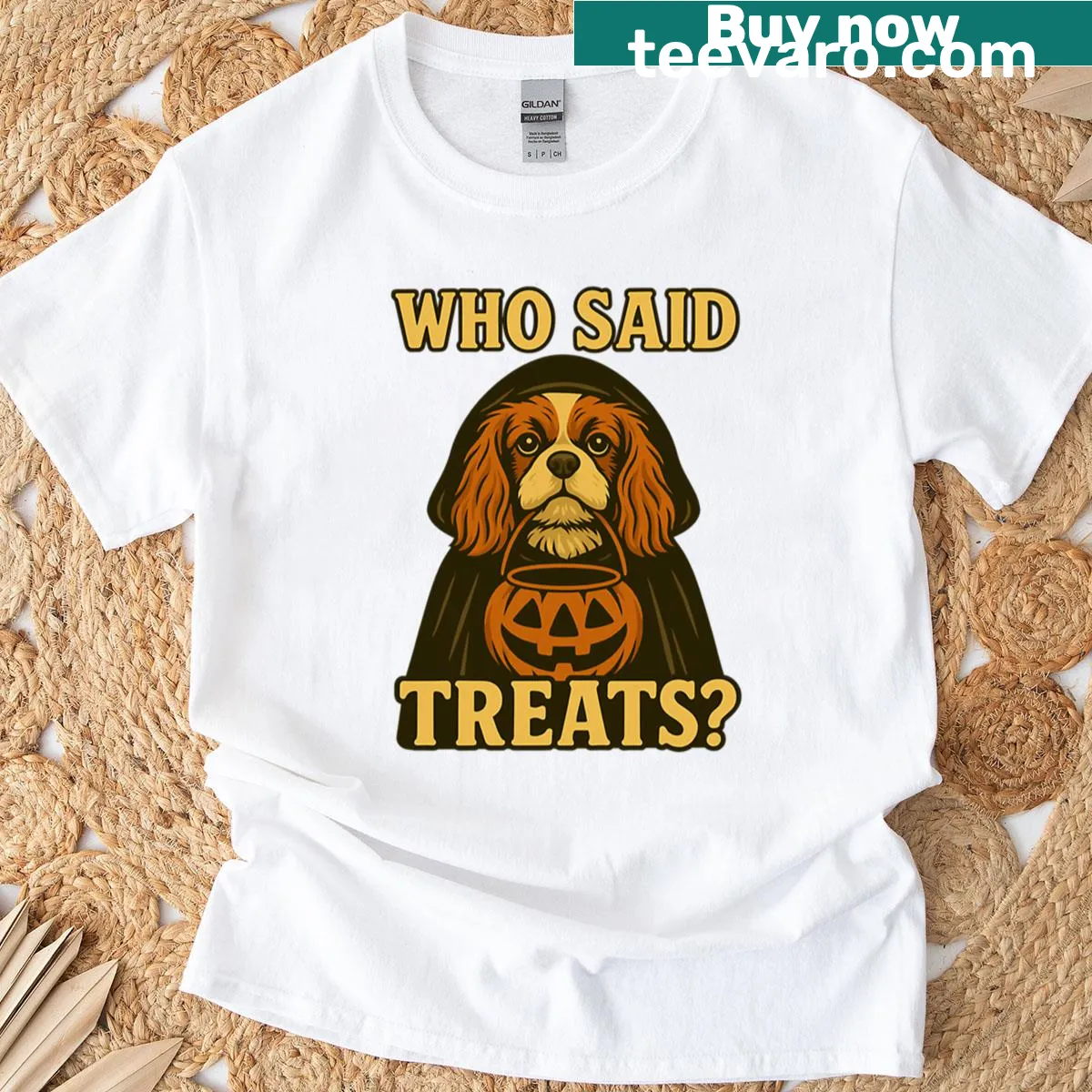 Cavalier King Charles in witch costume on Halloween T-shirt — on a men's t-shirt